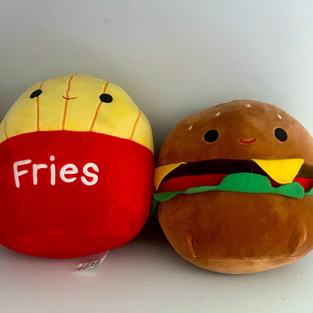 Cute 8” Fries (Floyd) And Burger (Carl) Squishmallows together